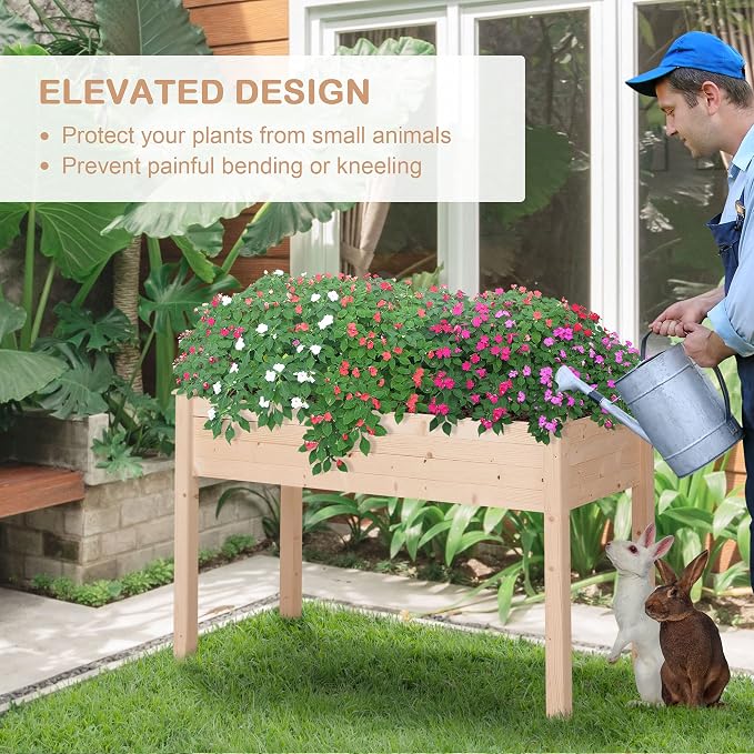 Outsunny Raised Garden Bed with Legs, 48" x 22" x 30", Elevated Wooden Planter Box, Self-Draining with Bed Liner for Vegetables, Herbs, and Flowers Backyard, Patio, Balcony Use, Natural