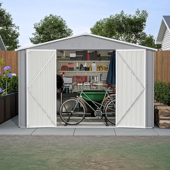 YOPTO 10x12 FT Outdoor Storage Shed with Floor Frame Kit,Metal Shed W/Double Lockable Doors,Garden Tool Storage House W/ 4 Air Vents & Sloped Roof,for Backyard,Patio,Lawn,Gray