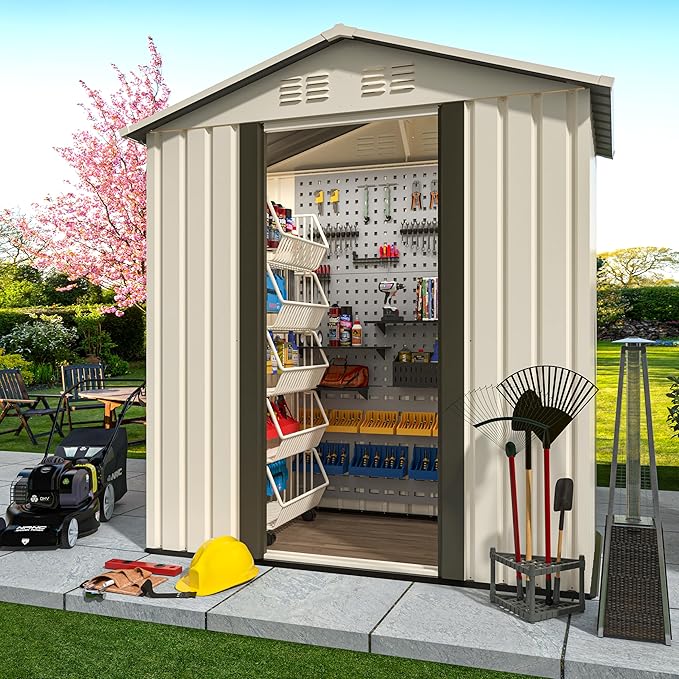 KEIKI 5x3 FT Outdoor Metal Storage Shed with Vent and Sliding Door,Peaked Roof for Patio Backyard Garden