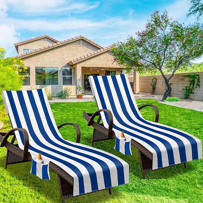 Lounge Chair Towel Cover, Beach Chair Cover (Pack of 2), Pool Lounge Chair Covers for Outdoor,Garden, Beach,Sun Lounger,Hotel Pool, 85" X 30"Large Size and No Sliding, Royal Blue Stripe