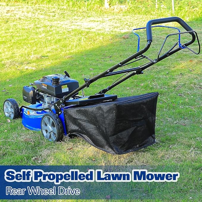 BILT HARD 21" Self Propelled Gas Lawn Mower – Powered by a 201cc 4-Cycle OHV Engine, 3-in-1 Functions (Bagging, Mulching & Side Discharge), 8-Position Cutting Height Adjustment, and Easy Start.
