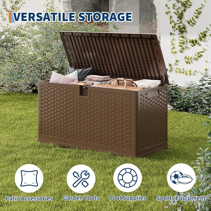 73 Gallon Outdoor Deck Box, Lockable Waterproof Outdoor Resin Box with Lid, Patio Storage Bin for Patio Furniture, Garden Tools, Pool Accessories - Brown