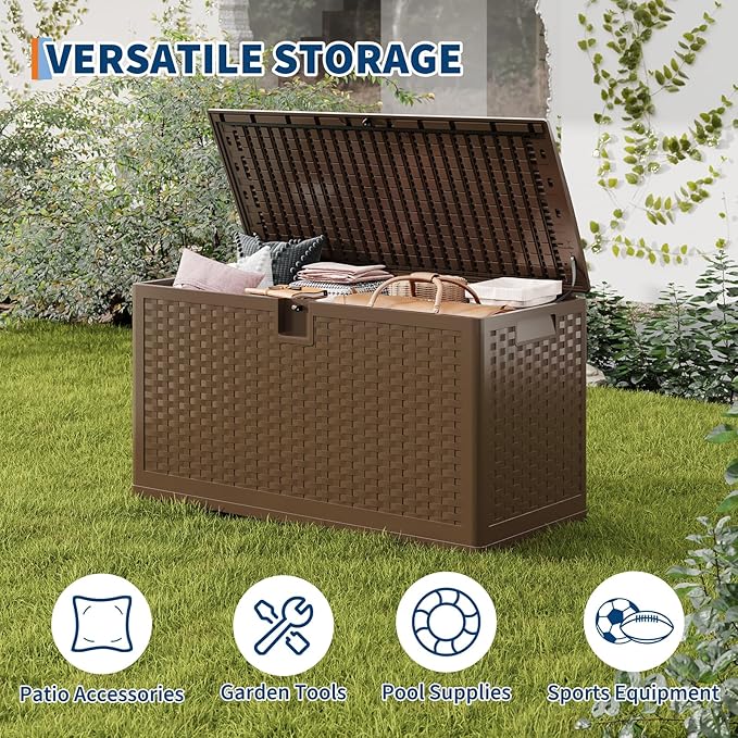Outdoor Resin Deck Box, 73 Gallon Waterproof Storage Box Lockable, Outside Storage Box Container for Patio Furniture Cushions, Garden Pool Tools and Accessories, Brown