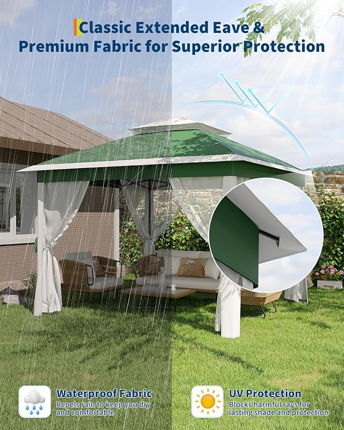 GarveeLife 11'x11 Pop-Up Gazebo, Instant Outdoor Canopy Tent with Mosquito Nettings, Durable Steel Frame, Water, and UV Proof, for Patio, Garden, Courtyard, Party (Green)