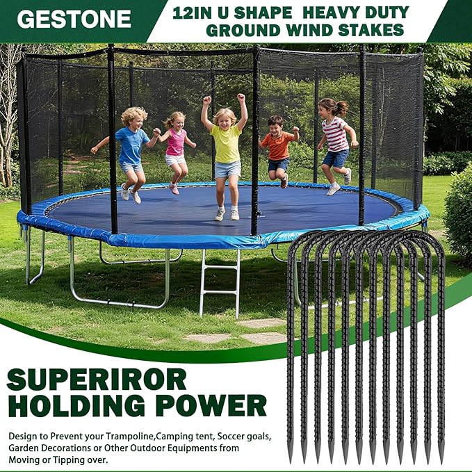 12" Trampoline Ground Wind Stakes Anchors High Wind Heavy Duty, 8 Pack U-Shaped Rebar Tent Stakes for Camping Tents, Soccer Goals,Fences, Swing, Landscape,Garden Decoration (U-8Pack)