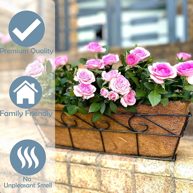 LaLaGreen Bundle (2 Pack, 16 Inch White + 2 Pack, 16 Inch Black) Window Flower Boxes Basket Outdoor, Deck Railing Hanging with Coco Liners, Metal Horse Troughs Modern Garden Balcony Fence Patio Porch