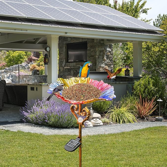 Garden Decor Gifts Solar Glass Blue Bird Bath Yard Art Garden Outdoor Birdbath with Metal Stake with White LED Light Metal Stake Garden for Women