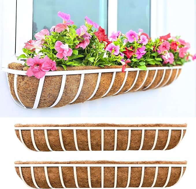 LaLaGreen Window Planter Boxes (48 Inch, 2 Pack) Deck Railing Flower Box with Coco Liner, White Metal Rectangular Wall Planters for Outdoor Plants Fence Balcony Horse Trough Garden Herb Patio Porch