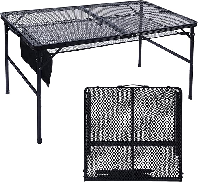 JOUYEK Folding Grill Table, 4x2 FT Portable Camping Table, Lightweight Height Adjustable Metal Tables with Mesh Desktop and Mesh Bag, Outdoor Tables for Camping, Picnic, Beach and BBQ, Black