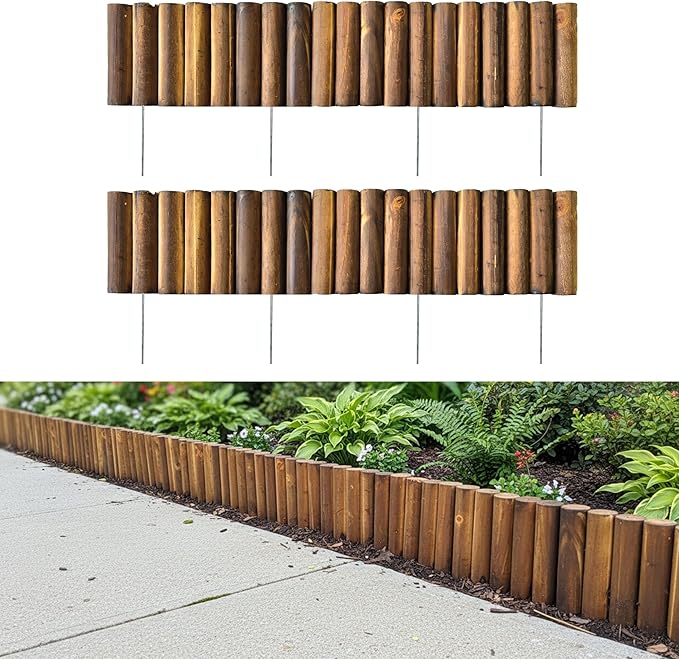 LaLaGreen Decorative Garden Edging Border (30"x6", 2 Pack) Small Brown Wooden Fence Panels with Metal Stakes, Flowers Bed Landscape Fencing for Lawn Yard Patio Pathway Outdoor Decor Tree Rings Barrier
