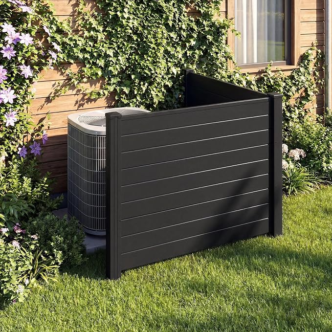 HAPPYGRILL Air Conditioner Fence 2 Panels, Outdoor Privacy Screen with Metal Stakes, No Dig Pool Equipment Enclosure, 48" x 38" Trash Can Screen Fence Kit for Outside Backyard, Black