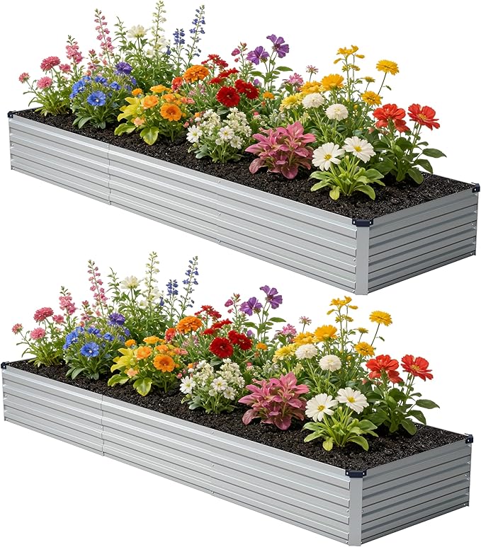 zunatu 12x2x1 ft(2 Pack) Galvanized Raised Garden Bed,Outdoor Planter Box Metal Patio Kit Planting Bed for Vegetables Flowers and Succulents,Silver