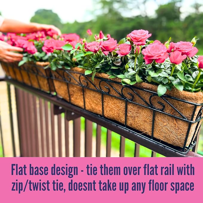 LaLaGreen Wall Mounted Planters - 30 Inch, 4 Pack Window Flower Boxes Basket Outdoor, Balcony Planter Over The Rail, Deck Railing Hanging with Coco Liners, Metal Horse Troughs Fence Patio Porch
