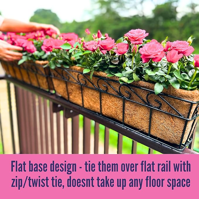 LaLaGreen Wall Mounted Planters - 30 Inch, 2 Pack Window Flower Pot Attach to House Outdoor, Balcony Plant Pot Over the Rail, Deck Railing Hanging Coco Liners, Metal Horse Troughs Fence Patio Porch