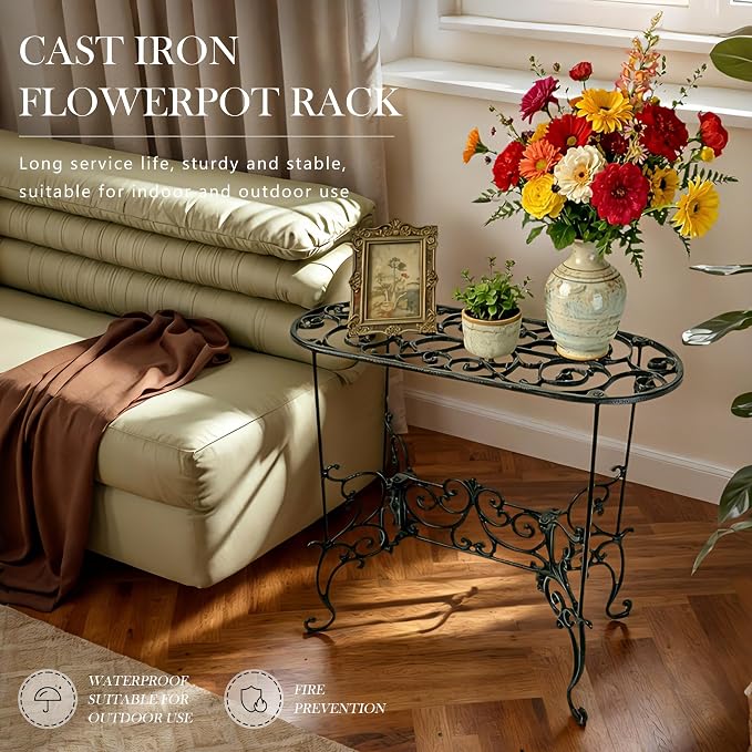 Heavy Duty Cast Iron Potted Plant Stand Garden Table - 22.8IN. Oval Plant Shelf, Vintage Ornament Display Stand, Corner Plant Stand for House Decor, Balcony, Living Room or Patio wrought flower bloom bar