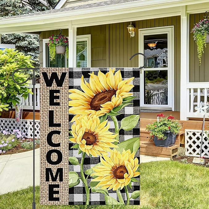 Summer Sunflower Garden Flag 12x18 inch Double Sided Welcome Burlap House Flag, Small Outdoor Yard Flag for Garden Porch Farmhouse Decor