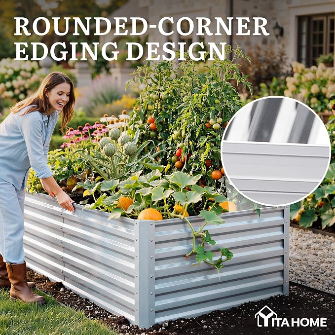 YITAHOME 2pcs 6x3x2ft Large Raised Garden Bed Kit, Galvanized Metal Planter Box with Gloves, Ground Nails, Support Rod, Outdoor Above Ground Planters for Plants Vegetables Flowers, Silver