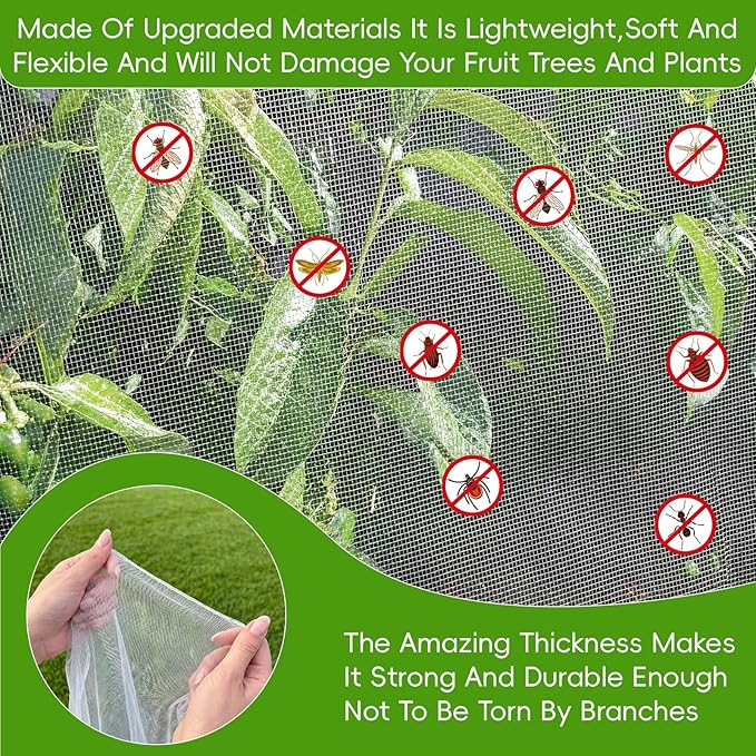 8'x10' Large Fruit Tree Netting for Squirrels and Birds with Drawstring, Insect Bird Netting Pest Barrier for Garden Protection (White)