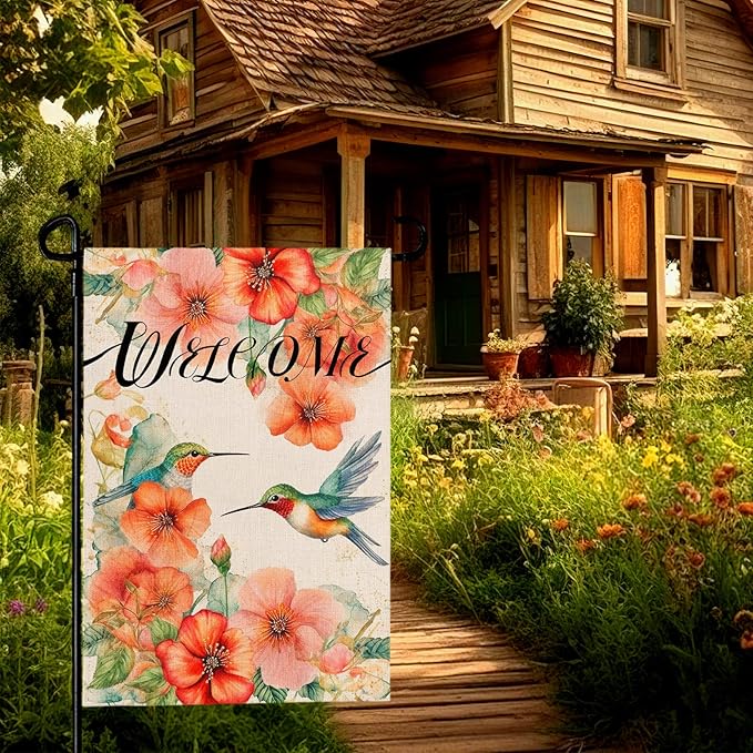 Hummingbird Garden Flag Summer Welcome Printing Garden Flag Watercolor Burlap Yard Flags for Outside Double Side Floral Spring Garden Flags Decor Standard Size 12×18 Inch