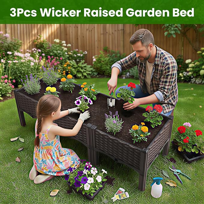 3Pcs Plastic Raised Garden Bed,46.8"×15.6"×14.4" Elevated Wicker Planter Box with Self-Watering System, Plants Garden Boxes with Legs for Growing Fresh Vegetables,Fruit,Flowers and Herbs