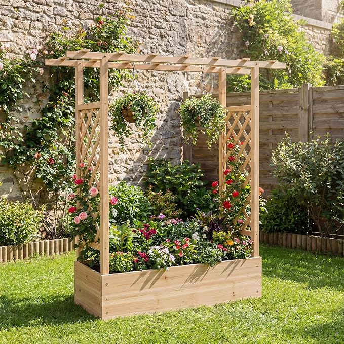 HAPPYGRILL Raised Garden Bed with Trellis & Hanging Roof, 45" Tall Wooden Planter Box with Drainage Holes, Outdoor Wood Elevated Garden Bed for Climbing Plants Vines Vegetables Flowers (Natural,2)