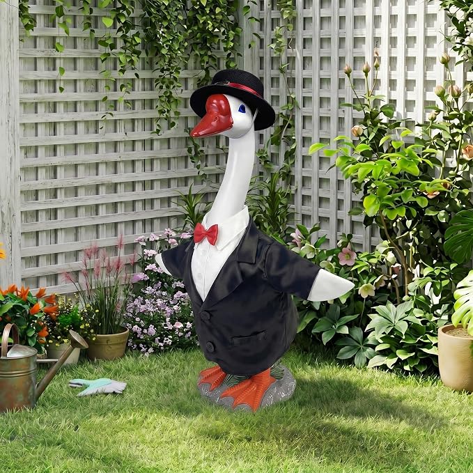 Porch Goose Statue with Gentleman Black Siut Outfits- 19.5" Garden Resin Goose Decorative Figurine Cute Sculpture for Outdoor Indoor Patio Lawn Yard Balcony Decor Housewarming Gifts