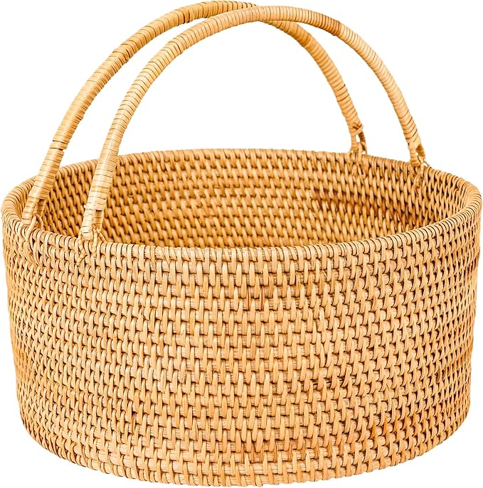 Handwoven Rattan Storage Basket with Handles, Natural Wicker Decorative Basket for Kitchen Counter, Pantry Organization, Floral Arrangement, Gift Packaging & Home Decor