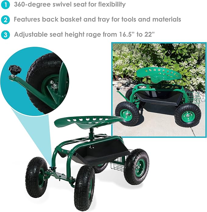 Sunnydaze Rolling Garden Cart with Seat - Garden Stool with Wheels and Adjustable 360-Degree Swivel Seat - Utility Tool Tray and Storage Basket - Green