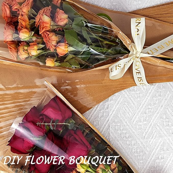 100 Pack flower bags for bouquets, flower bouquet wrapping paper, bouquet bags Kraft floral wrapping paper, Flower Sleeves Wrapping Bags Perfect for Mother's Day, Wedding (9.8in x 18in x 3.9in)