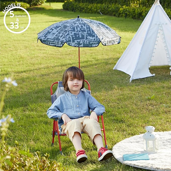 Marvel Spiderman Kids Beach Chair with Umbrella,Portable Folding Outdoor Chair with Shade,Lightweight & Durable for Ages 3+
