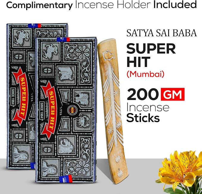 Satya Super Hit Incense Sticks 100g x 2 Pack (200g), Incense Holder Bundle, Nag Champa Natural Scent