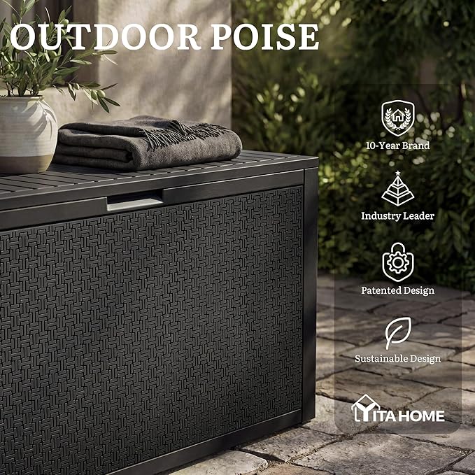 YITAHOME 90 Gallon Outdoor Storage Deck Box, Waterproof Resin Deck Box w/Handles, Lockable Outdside Deck Box for Patio Furniture, Garden Tools, Lockable & UV Resistant(Black)