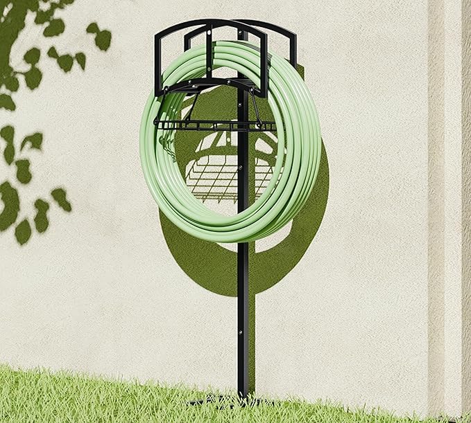 Garden Hose Holder with Storage Basket - Heavy-Duty Freestanding Hose Organizer, Black Powder-Coated, Detachable Design Holds 150FT Hose, Includes Assembly Tools for Lawn, Yard, and Garden