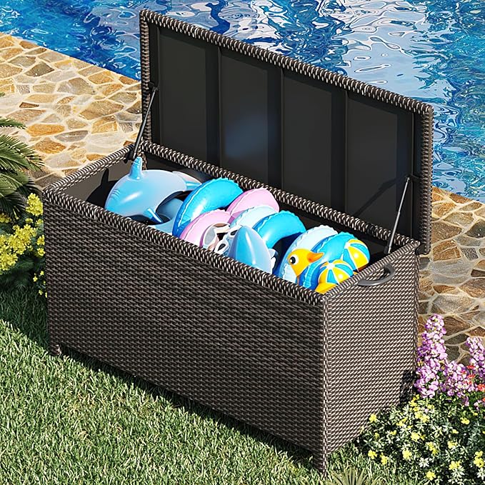 185 Gallon Outdoor Deck Box with Wheels, All-Weather PE Wicker & Aluminum Frame, Waterproof Patio Storage for Cushions, Garden Tools, Pool Toys, Lockable Storage Box with Soft-Close Lid,Brown