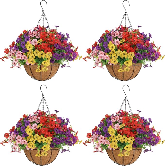 Senjie 4 Set Artificial Hanging Flowers with Basket for Outdoor Decor, UV Resistant 48 Bundles Faux Flowers Fake Hanging Planter for Porch Patio Balcony
