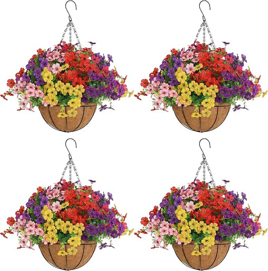 Senjie 4 Set Artificial Hanging Flowers with Basket for Outdoor Decor, UV Resistant 48 Bundles Faux Flowers Fake Hanging Planter for Porch Patio Balcony