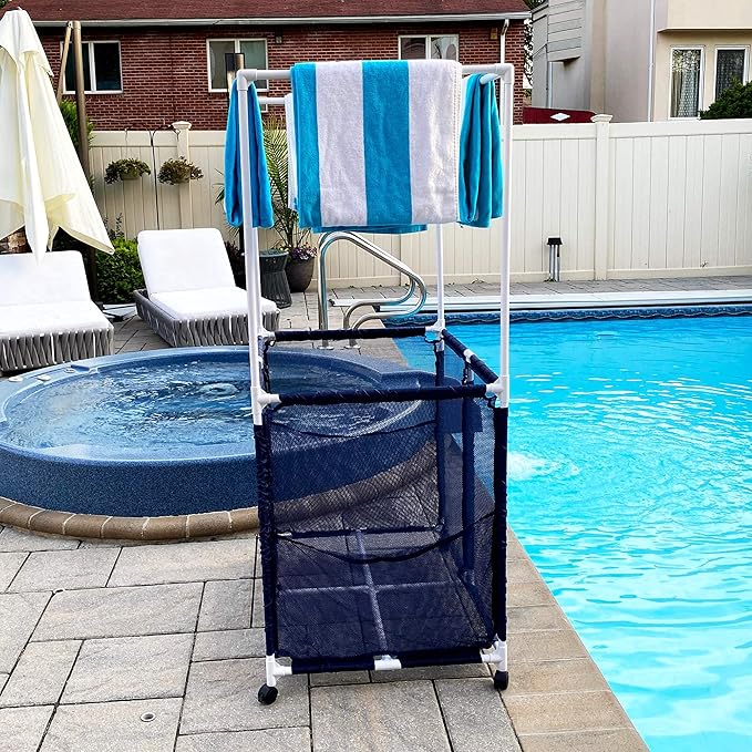 Pool Equipment Holder with Towel Drying Bars, Mesh Rolling Multi Use Storage Organizer Bin, Large Towel Hanger (25" L x 34.5" W x 62.6" H), Blue