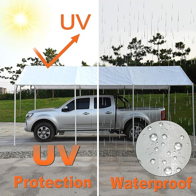 Thanaddo 10 x 20 Ft Carport Replacement Canopy Cover Garage Top Tent Shelter Tarp with Free 44 Ball Bungee Cords,White(Only Cover, Frame Not Include) (10x20 White)