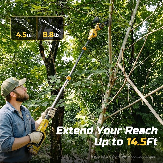 10-Inch Pole Saws for Tree Trimming, 1000W Brushless Mini Chainsaw with 14.6FT Max Reach, 3.0Ah Battery Powered Tree Trimmer Electric Pole Saw, Tool-Free Chain Tension, Auto Oiler, 180°Pivoting Head
