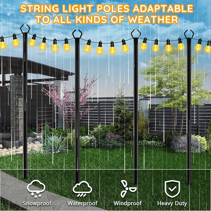 AHRLHR 7 Pack String Light Poles,Poles for Outdoor String lights10 Ft Metal Poles with Fork for Outdoor String Lights,Outdoor Light Poles with Fork,Patio,Deck,Backyard