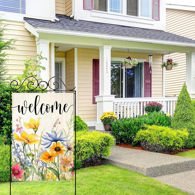 Welcome Flowers House Flags for Outdoor Decoration, Spring Watercolor Floral Large Yard Flag, Decorative Summer Celebration Decor for Seasonal Farmhouse Holiday Outside 28x40 Inch Vertical