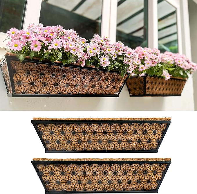 LaLaGreen Window Boxes Planter for Outdoor Plants (2 Pack, 24 Inch) Black Metal Rectangular Flower Pot Wall Planters with Coco Liner, Modern Stylish Horse Trough Deck Railing Rail Balcony Patio Fence