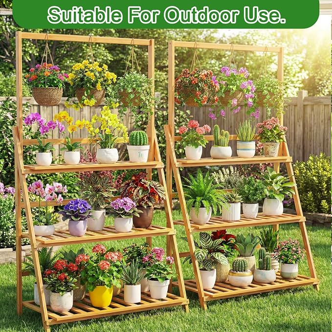 Leinuosen 2 Pcs 50.4" Bamboo 3-tier Tall Plant Stand with Hanging Shelf, Indoor & Outdoor Ladder Flower Pot Display Shelf Wooden Tall Foldable Plant Stand Holder for Garden Patio Balcony Living Room