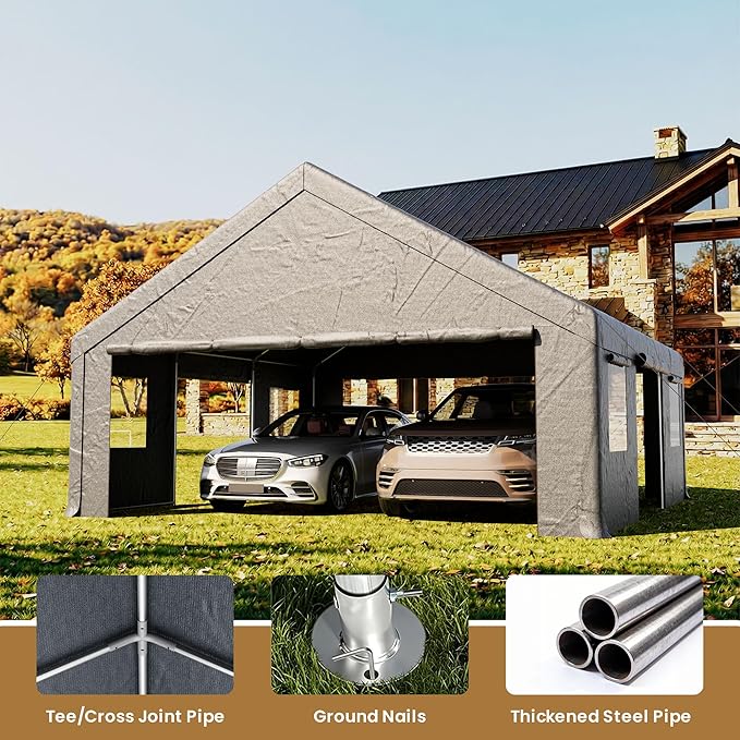 COSIEST 20'×20' Storage Shelter Outdoor Gable Roof Carport with Removable Side Walls, Heavy-Duty Garage Canopy Weatherproof PE Cover, Multi-Purpose Vehicle, Tractor Shed for Backyard, Driveway (Gray)