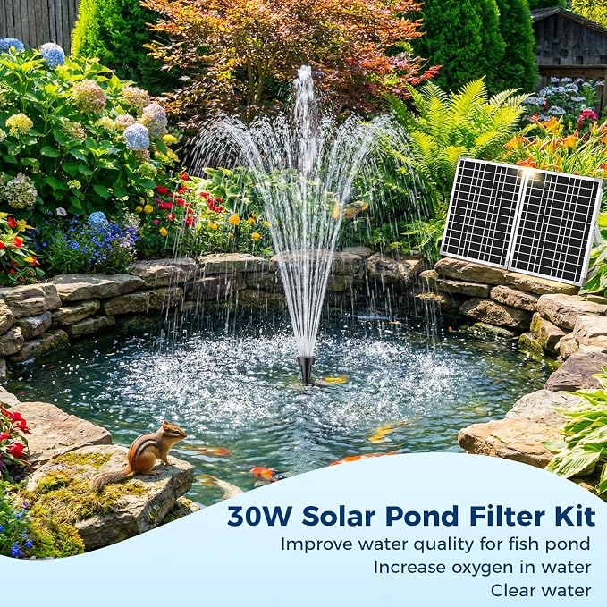 NFESOLAR 30W Solar Pond Filter Kit with Fountain Pump, 210 GPH Solar Pond Pump & Outdoor Filter Box, Submersible Water Pump with 16.4FT Cable & 6.6FT Tubing for Koi Pond, Fish Tank