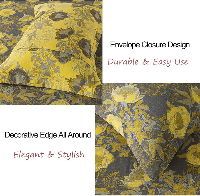 FADFAY Floral Sheets Set Queen Vintage Grey Yellow Floral Bedding Shabby Peony Farmhouse Bedding Super Soft Washed Double -Layer Muslin Sheets 100% Cotton Deep Pocket Fitted Sheet 4Pcs, Queen Size