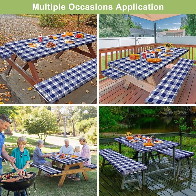 Play Tailor Picnic Table Cover with Bench Covers Camping Essentials Waterproof Windproof Camping Tablecloth with Drawstring Bag, Fitted Rectangle Tables and Seats, 96in, Blue Checkered
