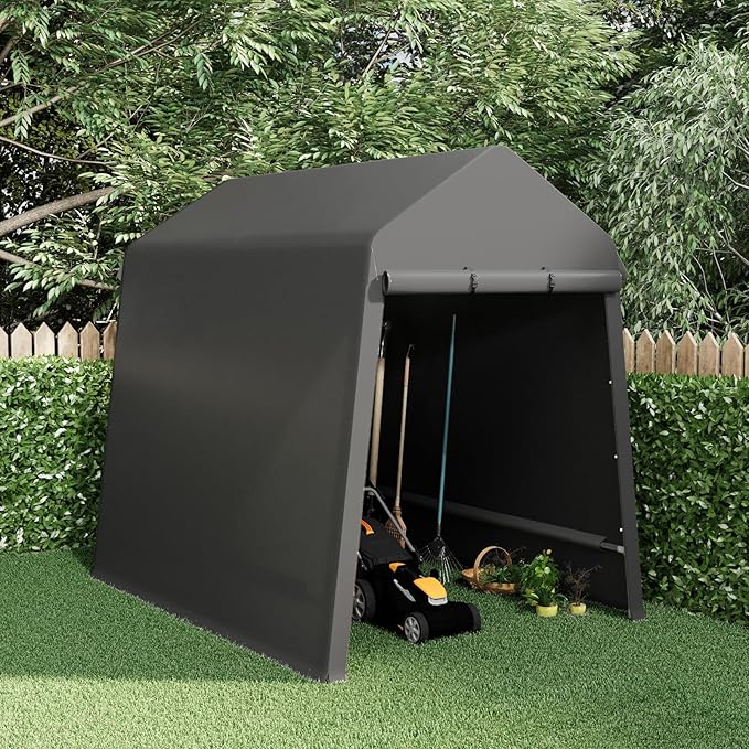 CABIHOME 6X8Ft Motorcycle Carport, Portable Outdoor Storage Shed Tent, Heavy-Duty Carport with Rolled Up Zipper Door & Vent, Waterproof & UV Resistant, for Motorcycle, Bike, Lawn Mower, Tools (Black)