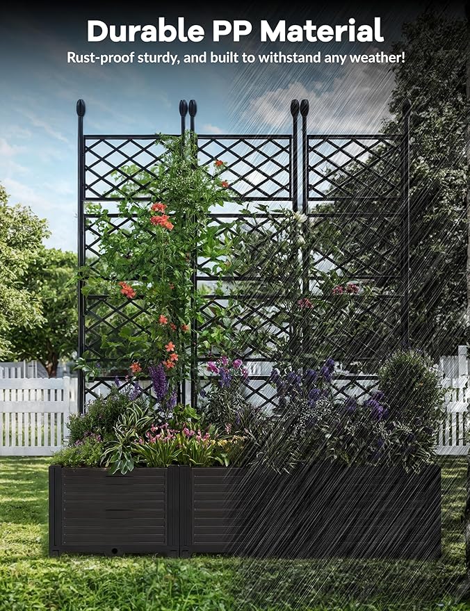 CABIHOME Planter Box with Trellis - Plastic Raised Garden Beds & Metal Trellis w/Drain Plug - Outdoor Raised Planter Box Privacy Screen for Climbing Plants, Flowers, Veggies & Fruits
