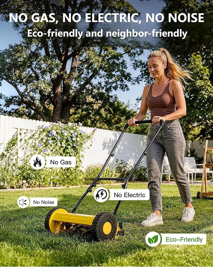 16-Inch Hand Push Reel Lawn Mower, 5-Blade Manual Push Lawnmower, 0.4-4" Adjustable Cutting Height, Lightweight for Small/Medium Yards, Easy Assembly, Compact & Quiet, Yellow